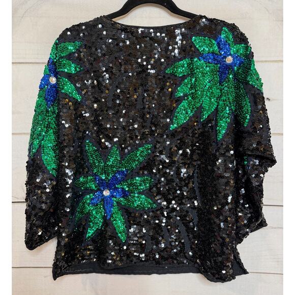Vintage Sequin Top Sz 44 Black Green Blue Holiday Festive Party Chic - Picture 2 of 6